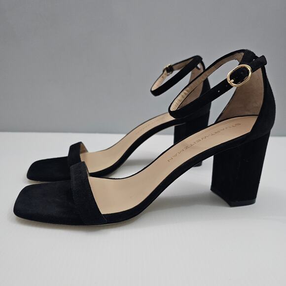 Stuart Weitzman Nudistcurve 75 Sandal Womens 9.5 Black Suede Block Heel Strappy - Picture 1 of 16